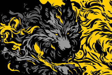 Car decal and wrap sticker with abstract wolf motif. Premium vector car sticker, black, yellow.
