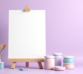 A blank canvas stands ready on a wooden easel, surrounded by jars of colorful paint in soft pastel shades. Brushes await to create art in this peaceful studio
