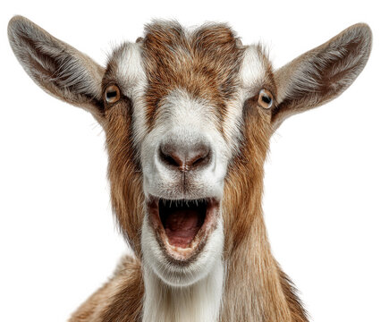A closeup, headon shot of a brown and white goat with its mouth open in a bleating or screaming expression, isolated on a transparent background