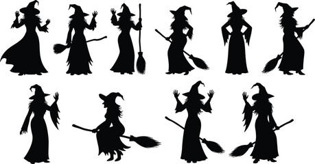 Witch silhouettes, Halloween characters, spooky costume design, magical women, fantasy art, broomstick poses, black dress, pointed hat, eerie style, enchantment