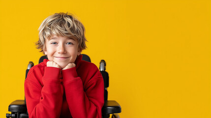 Young boy in a red hoodie smiling while sitting in a wheelchair against a bright yellow background with space for text.