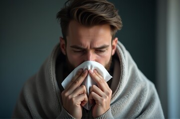 Feeling unwell, a young man sits on a couch, wrapped in a soft blanket. He uses a tissue to address his discomfort as evening light filters through the window