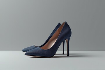 Navy blue high heels rest on a sleek surface, illuminated by soft lighting that showcases their refined silhouette. A perfect blend of fashion and sophistication