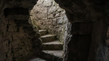 Obraz premium Ancient Stone Staircase Descending into Darkness of a Ruined Structure.