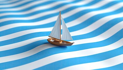 A miniature sailboat floats serenely on stylized blue and white wavy fabric, suggesting a calm sea