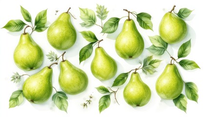 Obraz premium Fresh Green Pears with Leaves Watercolor Illustration