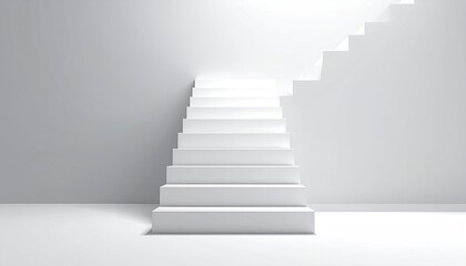 A minimalist 3D rendering of a white staircase ascending towards a light source in a stark white room, suggesting themes of progress and aspiration