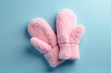 A pair of fluffy pink mittens lies gently on a calm blue surface, evoking warmth and comfort during cold winter months. Perfect for keeping hands cozy and stylish