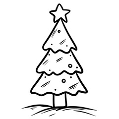 Christmas Tree Line Art, Hand Drawn Xmas Outline Illustration, Holiday Decoration Vector