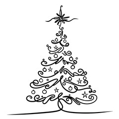 Christmas Tree Line Art, Hand Drawn Xmas Outline Illustration, Holiday Decoration Vector