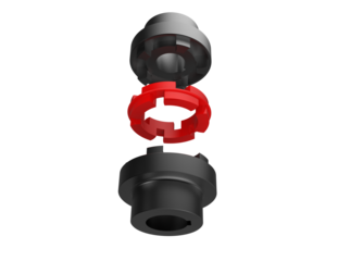 Exploded view of a flexible Jaw Coupling assembly (hubs and red elastomer spider). Essential mechanical component for motor power transmission. High resolution 3D rendering on a PNG Transparent HD