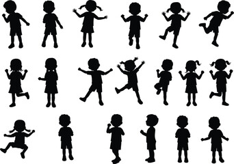 Silhouette of happy kids playing, children jumping and running vector illustration, boys and girls childhood activity design for education graphics