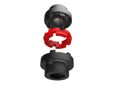 Exploded view of a flexible Jaw Coupling assembly (hubs and red elastomer spider). Essential mechanical component for motor power transmission. High resolution 3D rendering on a PNG Transparent HD