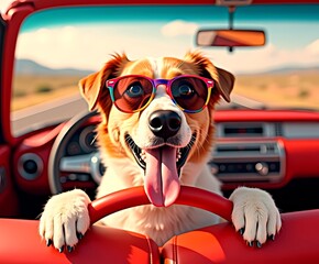 A dog wearing tinted sunglasses drives a red convertible on a sunny country road.