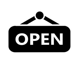 Open sign icon, black silhouette hanging board symbol with text OPEN, PNG vector for shop business, retail store, restaurant, café, market, office, online store, graphic design element, commercial