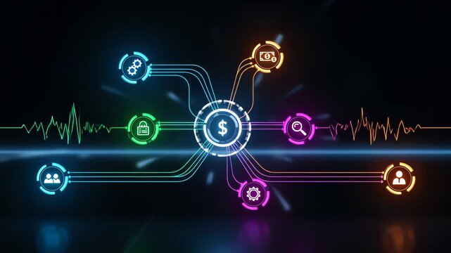 Neon Infographic of Central Dollar Sign Connecting Financial Services and Transactions