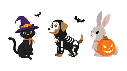 Spooky Squad: Adorable Halloween pets, dressed in festive costumes, embody the playful spirit of the holiday, complete with pumpkins, bats, and whimsical charm.