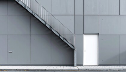 A minimalist image of a metal fire escape affixed to a grey paneled wall beside a white door.  The scene is stark and geometric