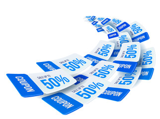3d wave of blue flying gift vouchers or coupons with coupon code, 50% off, isolated on white background. Flying discount vouchers template in 3d vector illustration. Vector illustration