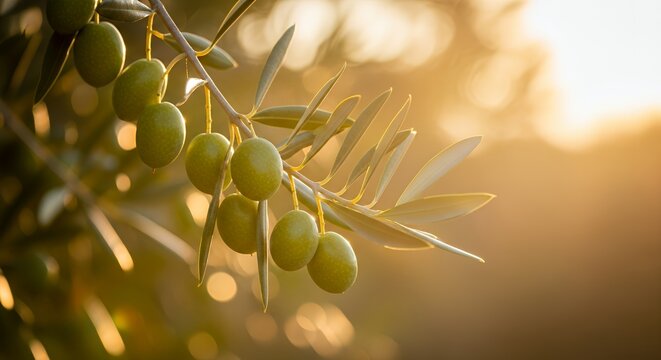Unripe olives developing on tree, glistening in warm sunlight. Scene represents healthy food, harvest, and natural growth.