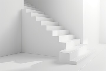 A minimalist rendering of a white staircase ascending from the lower-left to the upper-right corner of a bright white room, casting a soft shadow on the floor