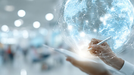 Person using stylus on tablet interacting with glowing digital earth network globe technology