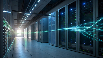 Futuristic data center hallway with glowing blue light streaks representing data flow