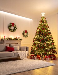 Un árbol de Navidad grande y frondoso en un salón decorado para las fiestas. El árbol está adornado con luces cálidas brillantes, bolas de Navidad rojas, doradas y plateadas, guirnaldas elegantes.