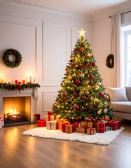 Un árbol de Navidad grande y frondoso en un salón decorado para las fiestas. El árbol está adornado con luces cálidas brillantes, bolas de Navidad rojas, doradas y plateadas, guirnaldas elegantes.