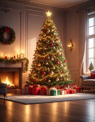 Un árbol de Navidad grande y frondoso en un salón decorado para las fiestas. El árbol está adornado con luces cálidas brillantes, bolas de Navidad rojas, doradas y plateadas, guirnaldas elegantes.