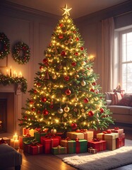 Un árbol de Navidad grande y frondoso en un salón decorado para las fiestas. El árbol está adornado con luces cálidas brillantes, bolas de Navidad rojas, doradas y plateadas, guirnaldas elegantes.