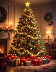 Un árbol de Navidad grande y frondoso en un salón decorado para las fiestas. El árbol está adornado con luces cálidas brillantes, bolas de Navidad rojas, doradas y plateadas, guirnaldas elegantes.