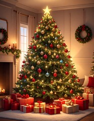 Un árbol de Navidad grande y frondoso en un salón decorado para las fiestas. El árbol está adornado con luces cálidas brillantes, bolas de Navidad rojas, doradas y plateadas, guirnaldas elegantes.