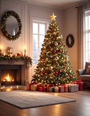 Un árbol de Navidad grande y frondoso en un salón decorado para las fiestas. El árbol está adornado con luces cálidas brillantes, bolas de Navidad rojas, doradas y plateadas, guirnaldas elegantes.