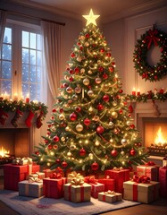 Un árbol de Navidad grande y frondoso en un salón decorado para las fiestas. El árbol está adornado con luces cálidas brillantes, bolas de Navidad rojas, doradas y plateadas, guirnaldas elegantes.