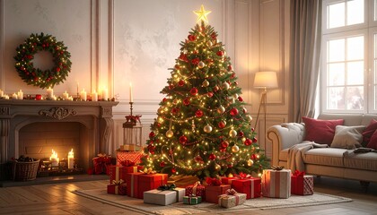 Un árbol de Navidad grande y frondoso en un salón decorado para las fiestas. El árbol está adornado con luces cálidas brillantes, bolas de Navidad rojas, doradas y plateadas, guirnaldas elegantes.