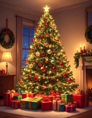 Un árbol de Navidad grande y frondoso en un salón decorado para las fiestas. El árbol está adornado con luces cálidas brillantes, bolas de Navidad rojas, doradas y plateadas, guirnaldas elegantes.