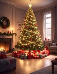 Un árbol de Navidad grande y frondoso en un salón decorado para las fiestas. El árbol está adornado con luces cálidas brillantes, bolas de Navidad rojas, doradas y plateadas, guirnaldas elegantes.