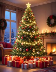 Un árbol de Navidad grande y frondoso en un salón decorado para las fiestas. El árbol está adornado con luces cálidas brillantes, bolas de Navidad rojas, doradas y plateadas, guirnaldas elegantes.