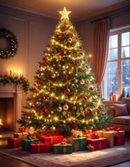 Un árbol de Navidad grande y frondoso en un salón decorado para las fiestas. El árbol está adornado con luces cálidas brillantes, bolas de Navidad rojas, doradas y plateadas, guirnaldas elegantes.