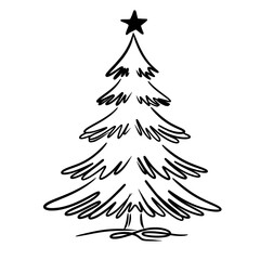 Christmas Tree Line Art, Hand Drawn Xmas Outline Illustration, Holiday Decoration Vector