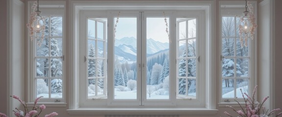 Fototapeta premium Serene Winter Mountain View from Elegant Window