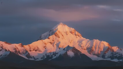 Snow-capped mountain peak illuminated by golden sunset light under a dramatic sky