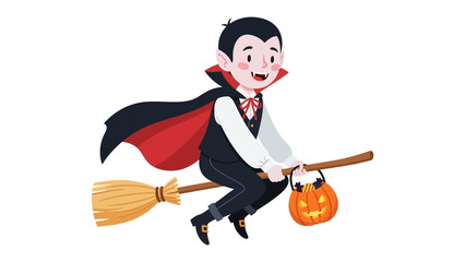 Halloween Flight: A friendly vampire boy rides a broom, clutching a pumpkin treat basket, soaring through the air. A charming scene filled with the festive spirit of the season.