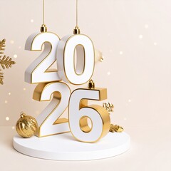 Luxury 3D 2026 White and Gold Typography with Christmas Ornaments and Festive Decorations on an Elegant Podium – New Year Holiday Celebration Design