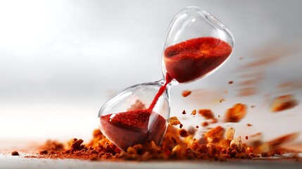 A cracked hourglass with red sand, representing Financial Risk Management, Deadline Pressure, and the critical need for timely decision-making in corporate strategy and investment.
