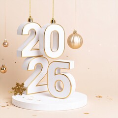 Luxury 3D 2026 White and Gold Typography with Christmas Ornaments and Festive Decorations on an Elegant Podium – New Year Holiday Celebration Design