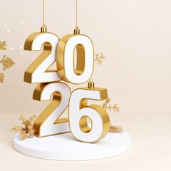 Luxury 3D 2026 White and Gold Typography with Christmas Ornaments and Festive Decorations on an Elegant Podium – New Year Holiday Celebration Design