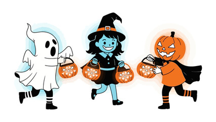 Spooky Trio: Three costume kids ready for Halloween with a fun illustration. Capturing a fun vibe for this scary holiday.