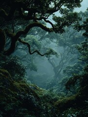 Fototapeta premium A misty, verdant forest scene, showing gnarled, moss-covered trees arching over a shadowy path
